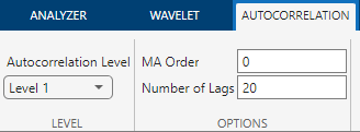 View of toolstrip on Autocorrelation tab. Use Autocorrelation Level list to specify a level or terminal node. Use MA Box to specify the order of the moving average filter. Use Number of Lags box to specify the number of lags.