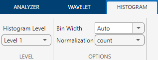 View of toolstrip on Histogram tab. Use Histogram Level list to specify a level or terminal node. Use Normalization list to specify normalization. Use Bin Width box to specify histogram bin width.