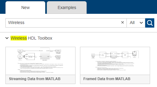 Simulink start page showing results of search for "Wireless" templates.