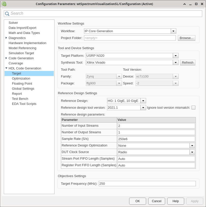 HDL Code Generation > Target panel in the Configuration Parameters window