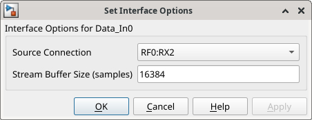 Set Interface Options dialog box for Data_In0, showing source connection set to RF0:RX2 and stream buffer size set to 16384 samples