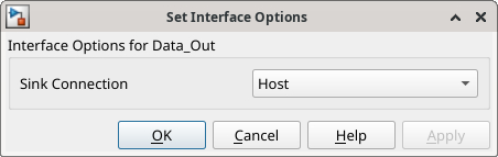 Set Interface Options dialog for Data_Out, showing sink connection set to Host.