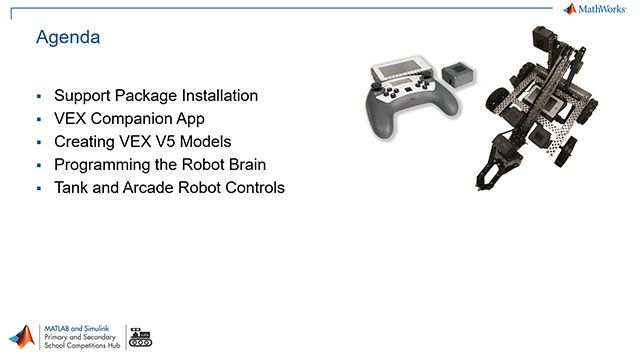 Get started using Simulink to program the VEX EDR V5 Robot brain and learn how to program arcade and tank robot controls.